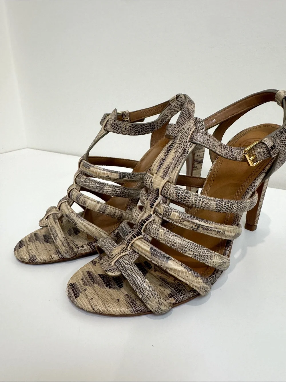 Tory Burch Charlene Cream Snake Embossed Leather Caged Heeled Sandals 6.5 Shoes